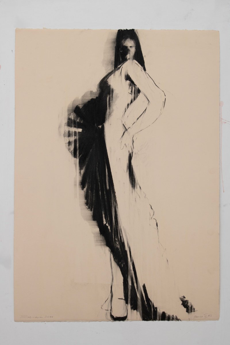 Expressive Portrait Charcoal Drawing By Zil Hoque, 25 X 36", Iberica Iii #2, Original Artwork