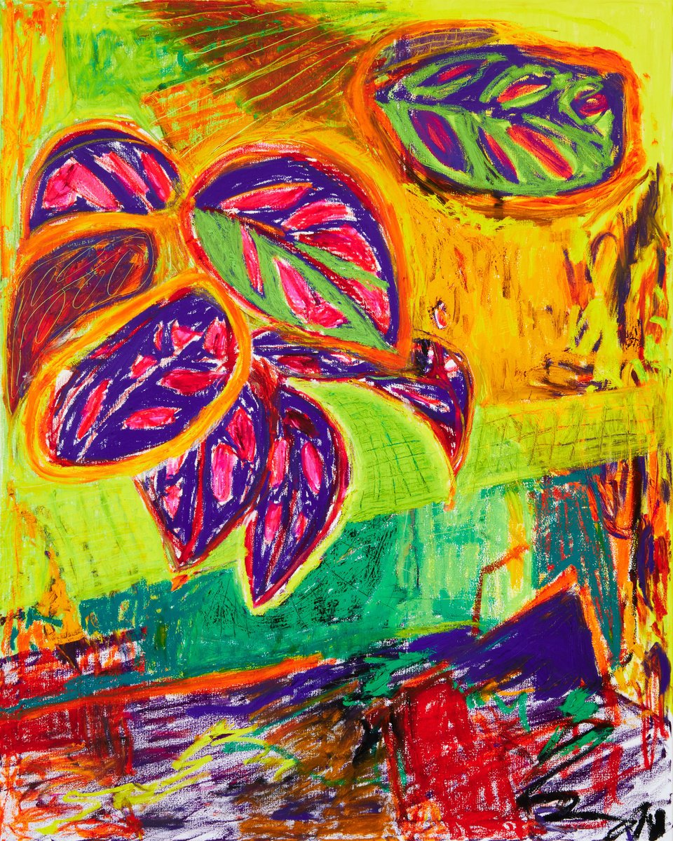 Expressive Botanical Oil Painting By Simon Findlay, 47 X 59", Monstera Adansonii, Original Artwork