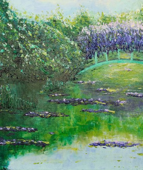 Monet's Garden - Large Palette Knife Water Lilies Impressionistic  Painting by Danijela Dan