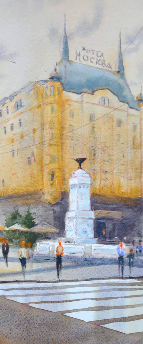 A day before Hotel Moskva Terazije Belgrade 25x36 cm 2024 by Nenad Kojić watercolorist