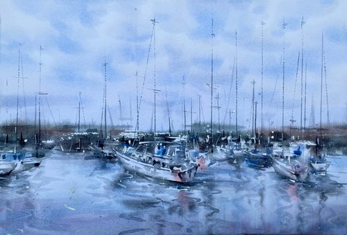 Boats at sunset. One of a kind, original painting, handmad work, gift, watercolour art. by Galina Poloz