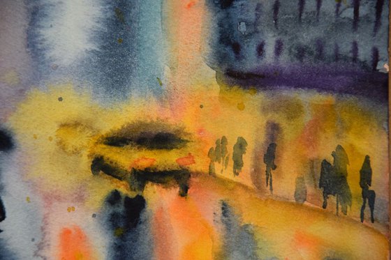 Rainy night New York original watercolor painting, abstract cityscape