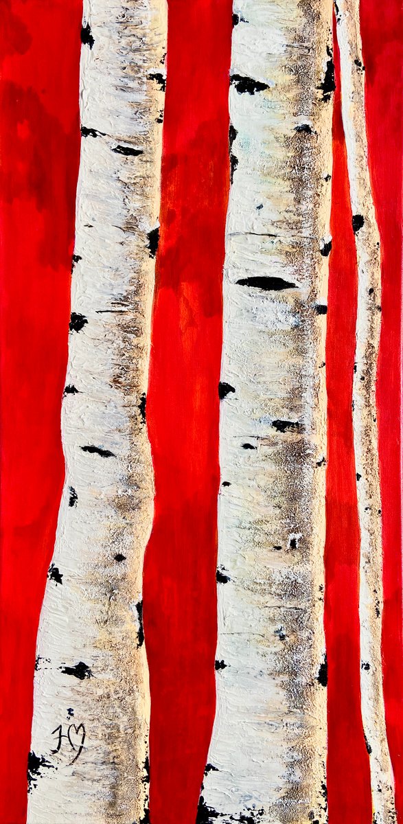 Flaming birch trees by Heather Matthews