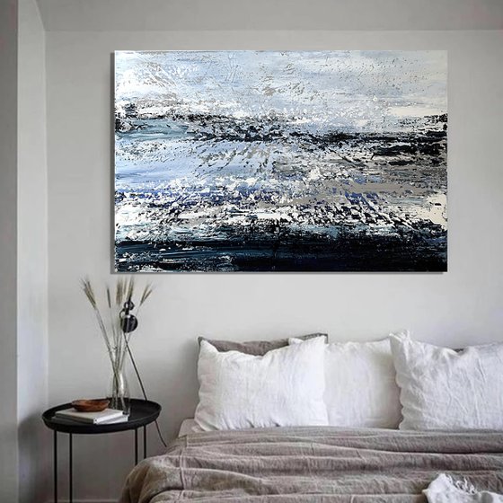 Navy Blue Landscape Gray White Abstract Art.