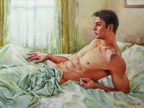 MORNING LIGHT by Yaroslav Sobol (Contemporary original oil painting of a nude male model in a bedroom filled with morning light, Home Decor) by Yaroslav Sobol