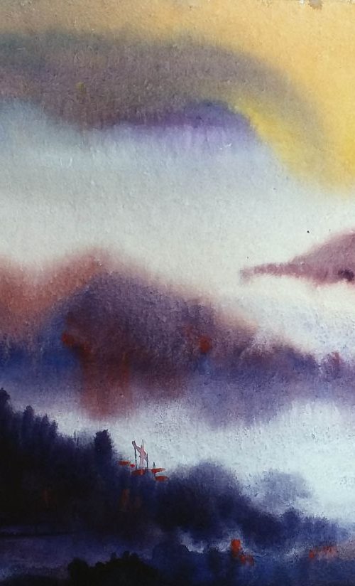 Cloudy Evening Mountain - Watercolor Painting by Samiran Sarkar