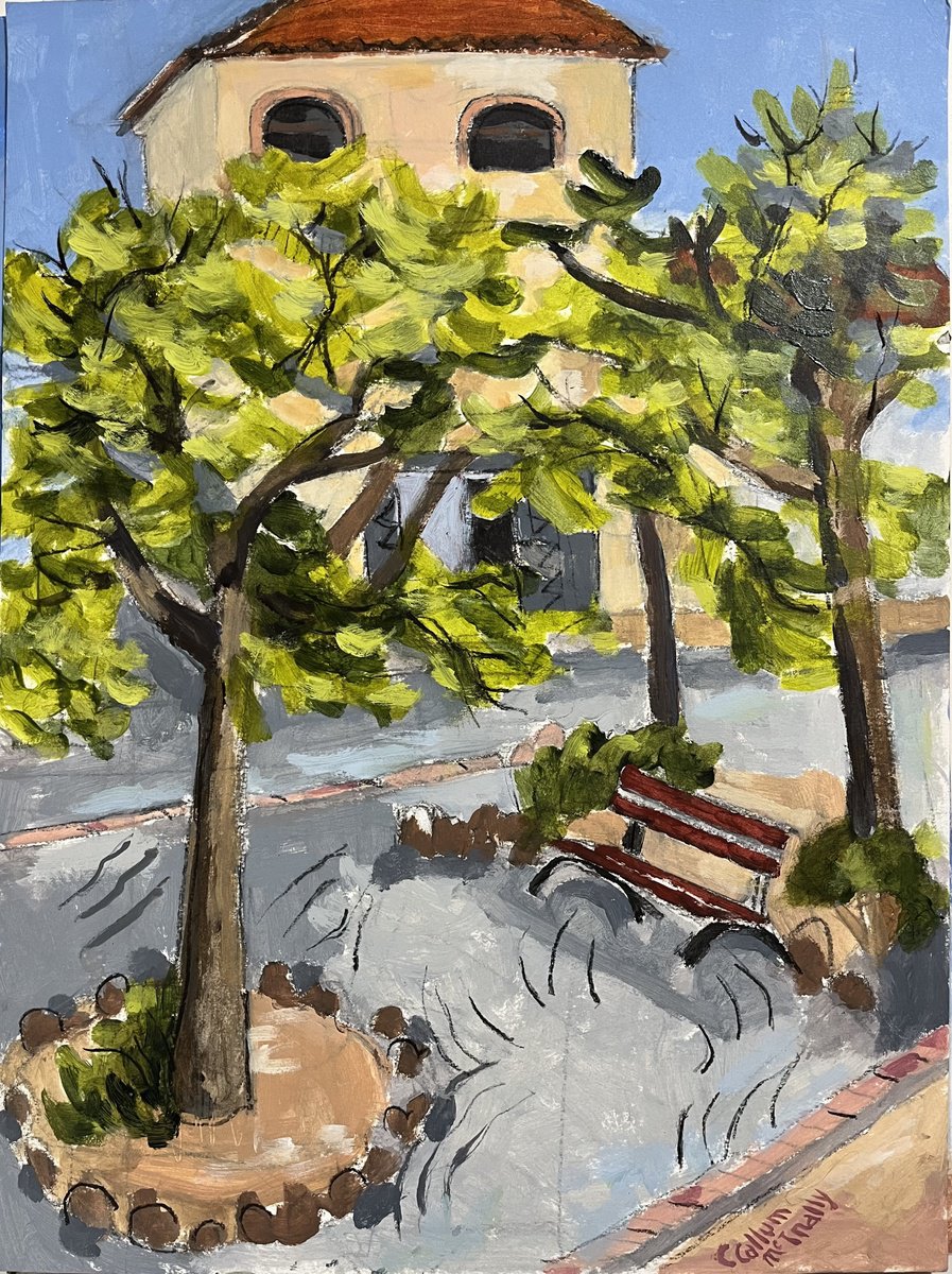 Impressionistic Cityscapes Acrylic Painting By Christine Callum Mcinally, 14 X 19, Pyrenees Village Square, Original Artwork