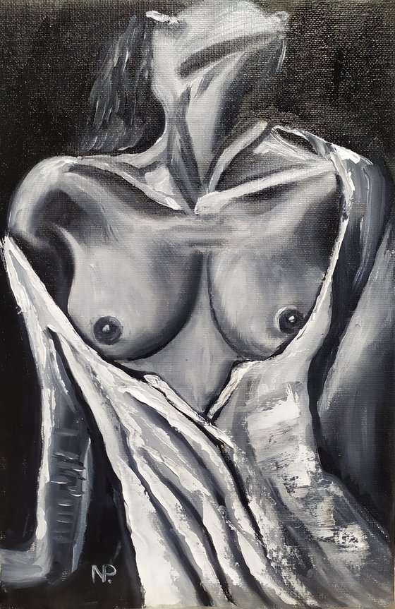 In silence, nude erotic black and white oil painting, gift art, bedroom painting