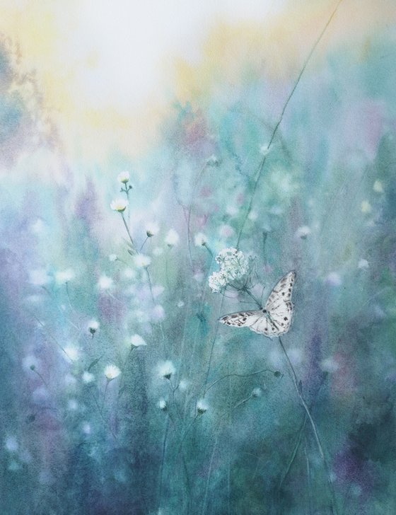 Morning Meadow - Summer Landscape - Landscapes - Watercolor - wildflowers soft colors
