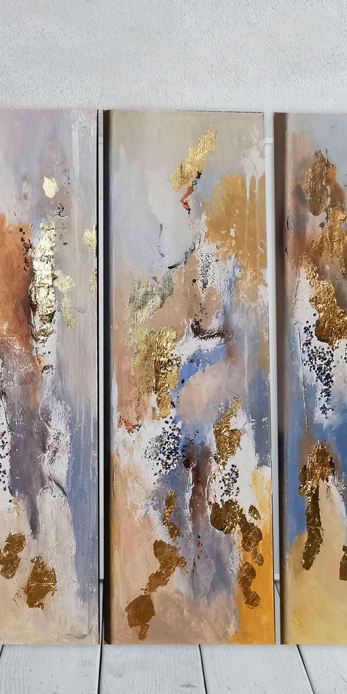 Set paintings, 3 piece wall art, Gold & Silver Leaf Painting by Annet Loginova