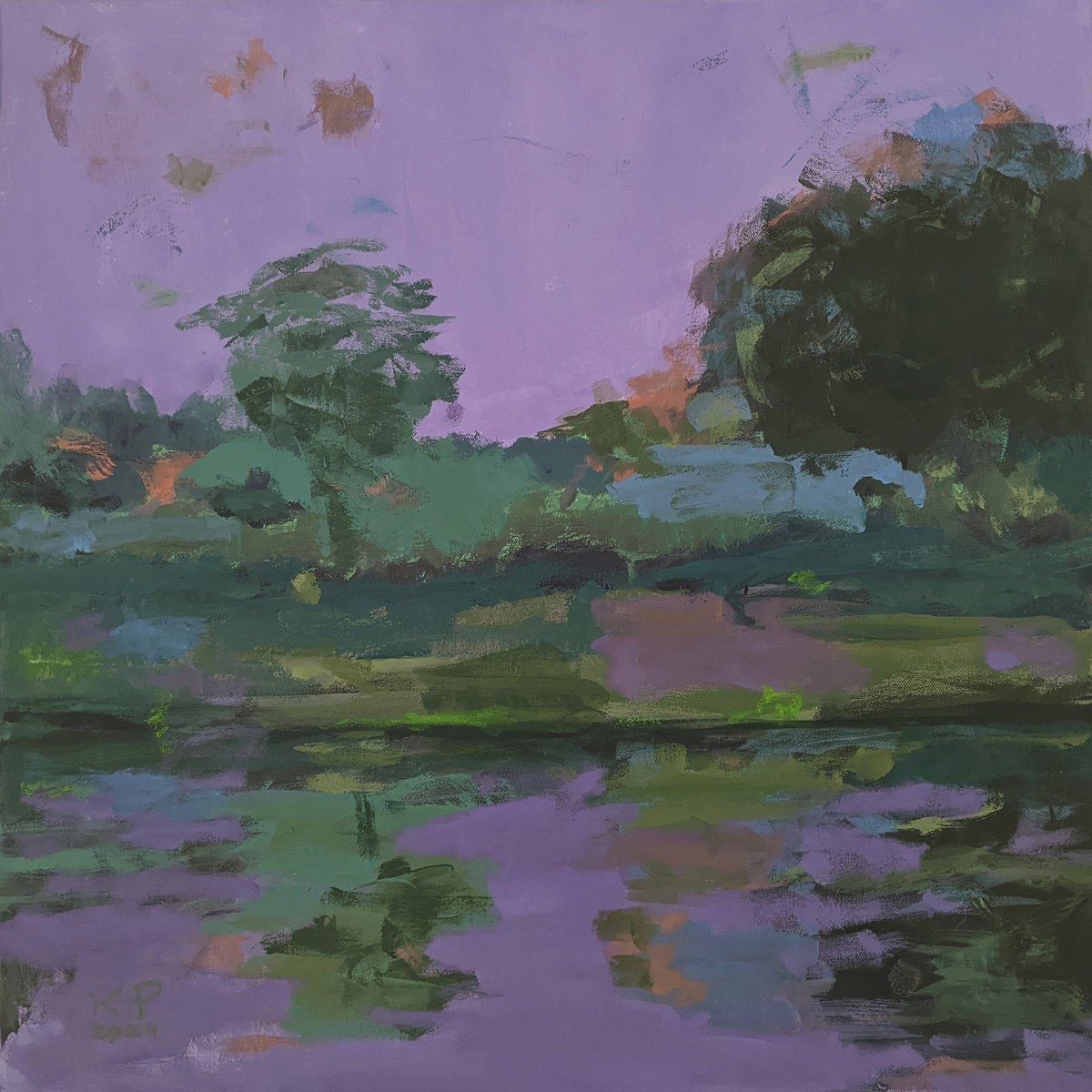 Abstract Landscape Acrylic Painting By Kasia Pawlak, 24 X 24", Quiet Evening, Original Artwork