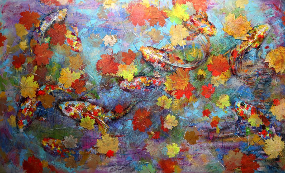Impressionistic Animal Acrylic Painting By Rakhmet Redzhepov, 59 X 35", Koi Fish 1., Original Artwork