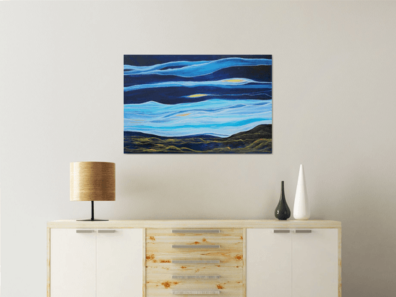 Large Abstract Seascape Painting. Ocean Waves. Blue and Gold Abstract Landscape Painting