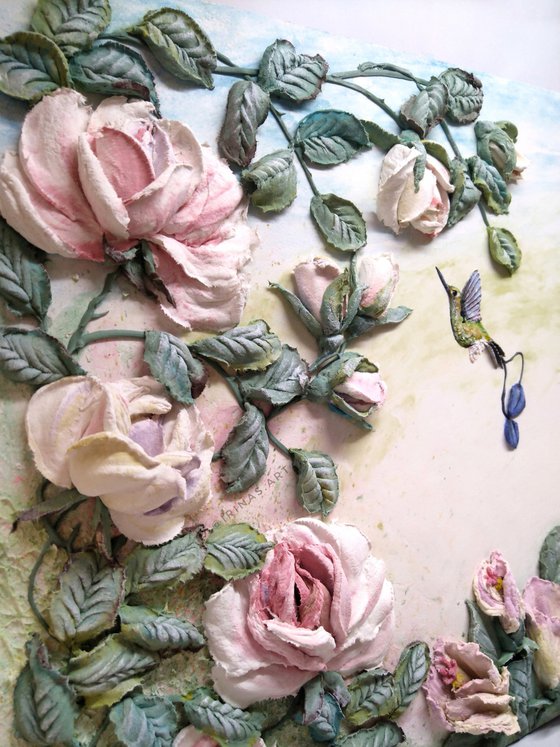 A moment before - light and delicate bas-relief with flowers and hummingbirds, 60x40x5 cm