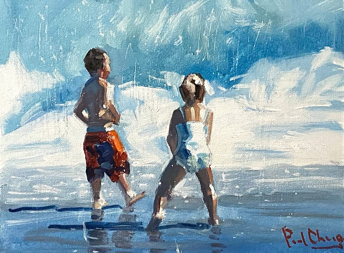 Impressionistic Landscape Oil Painting By Paul Cheng, 12 X 9", Beach Siblings #20, Original Artwork