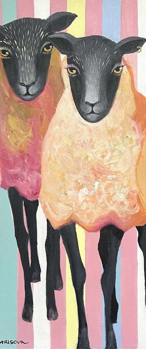 “Gossip Girls”. Acrylic painting on canvas, 30 x 30 in by Daria Borisova