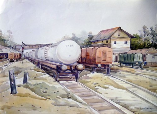 Wagon Railway-Watercolor on Paper by Samiran Sarkar