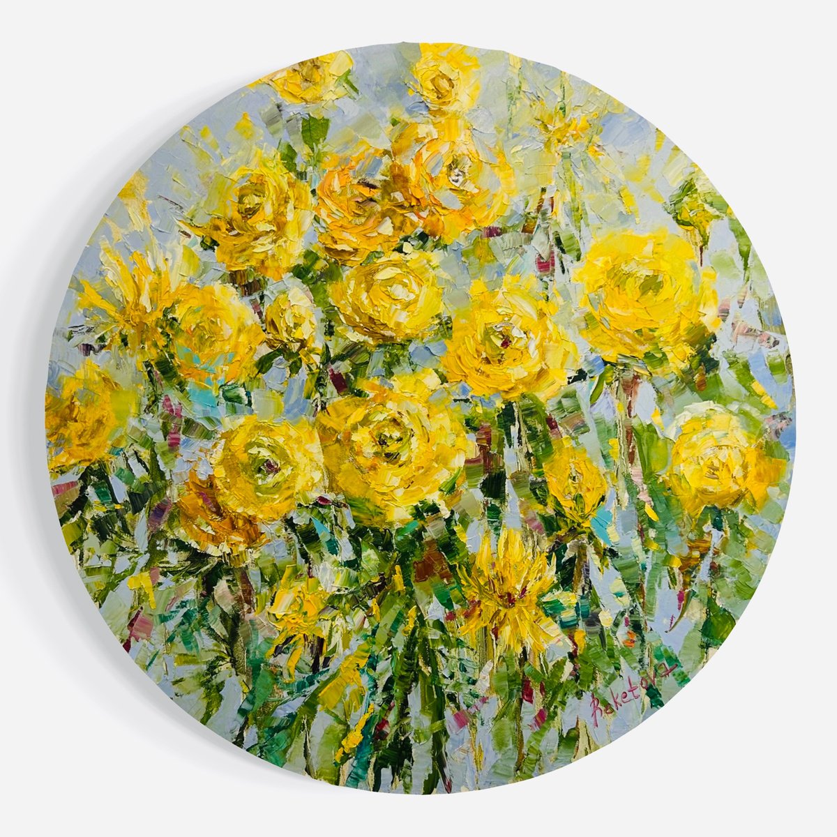 Impressionistic Botanical Oil Painting By Olga Beketova, 31 X 31", Color Of Joy, Original Artwork