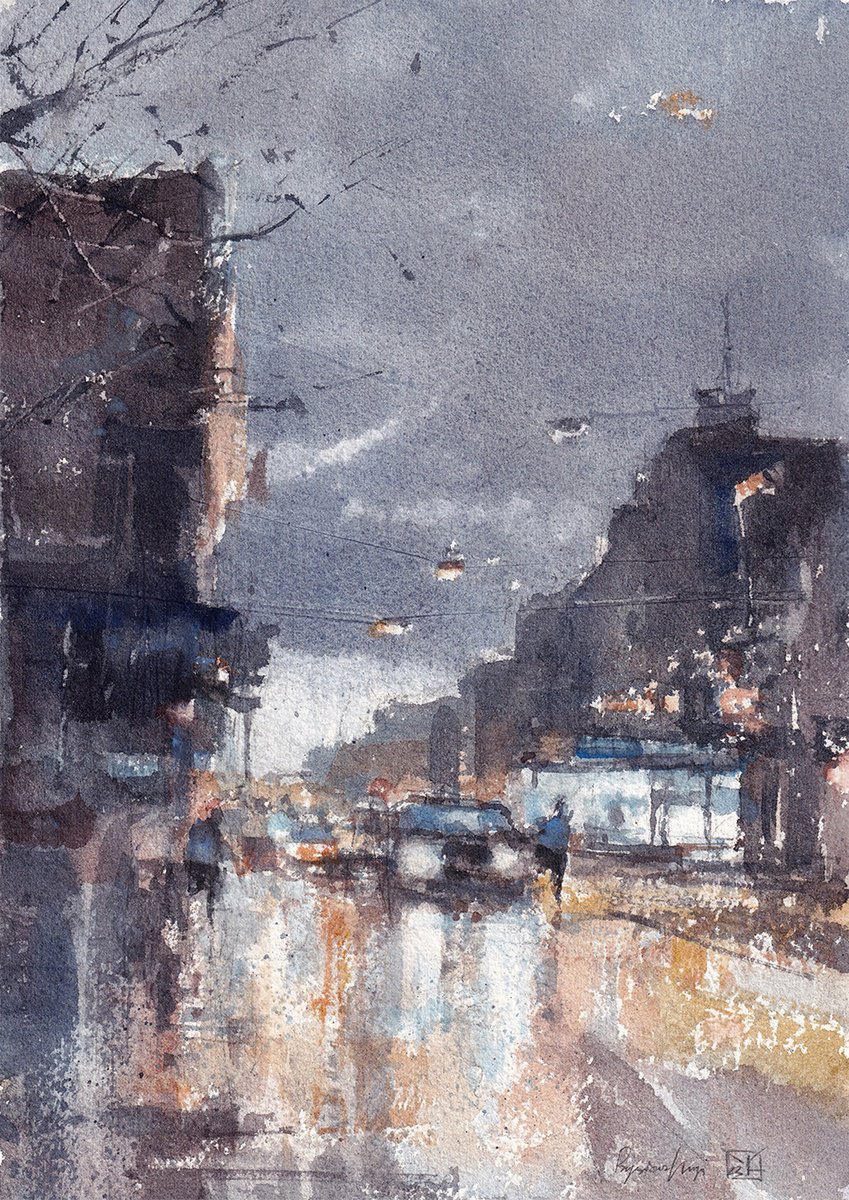 Impressionistic Cityscapes Watercolour By Yurii Prysiazhnyi, 8 X 11", Night Lights, Original Artwork