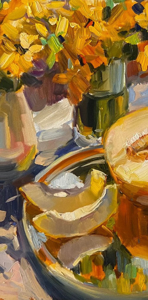 Melon on silver plate by Nataliia Nosyk