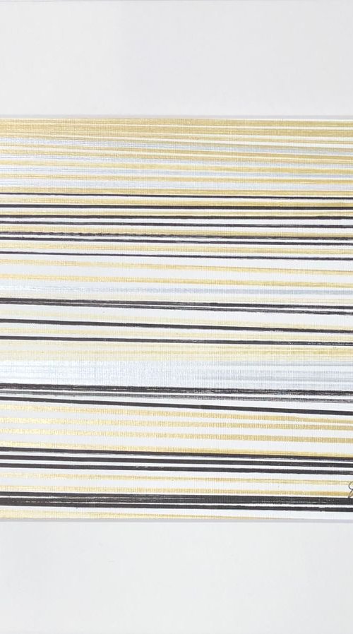 Début 38 - Abstract Optical Art - Stripes of Gold, Silver and Black by Elena Renaudiere