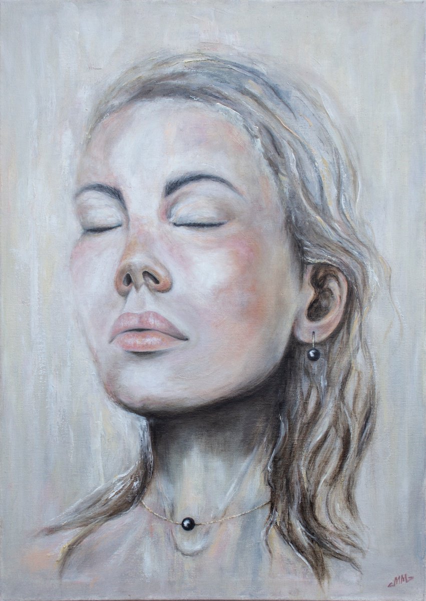Impressionistic Portrait Oil Painting By Mila Moroko, 20 X 28", Pearl (Black), Original Artwork