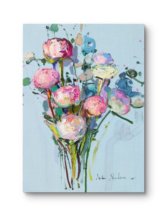 Dreaming peonies on blue