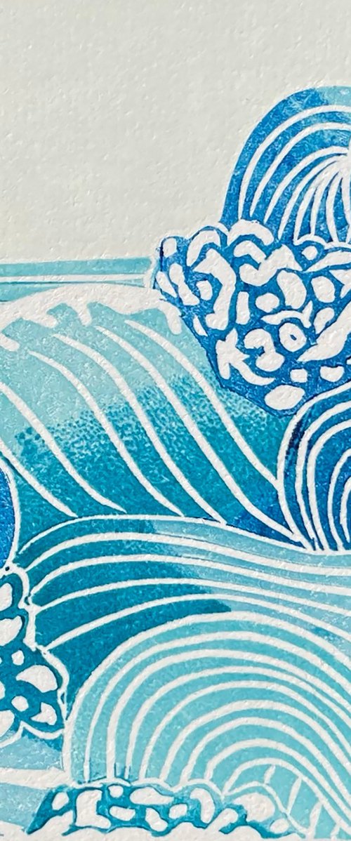 Waves Linocut Print by C Staunton