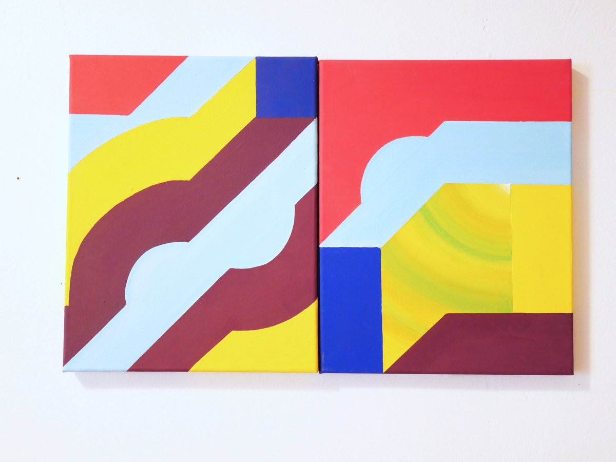 Geometric Cityscapes Acrylic Painting By Jessica Moritz, 19 X 12, Grass Is Green, Geometric Landscape, Original Artwork