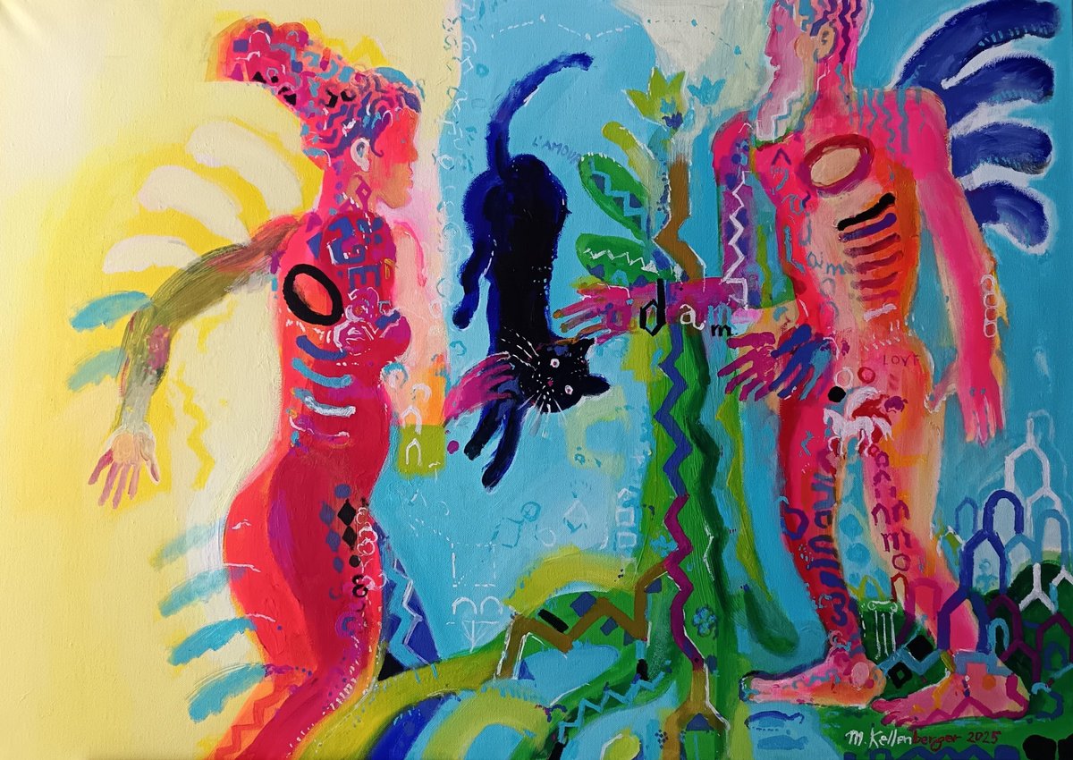 Impressionistic Portrait Acrylic Painting By Kellenberger Martin, 39 X 28", Adam Is Looking For Eve, Original Artwork