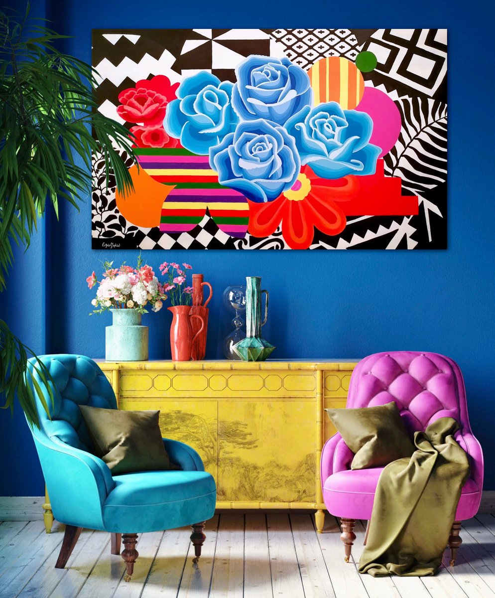 Abstract Botanical Acrylic Painting By Gisella Stapleton, 47 X 30, Andean Fantasy 2, Original Artwork