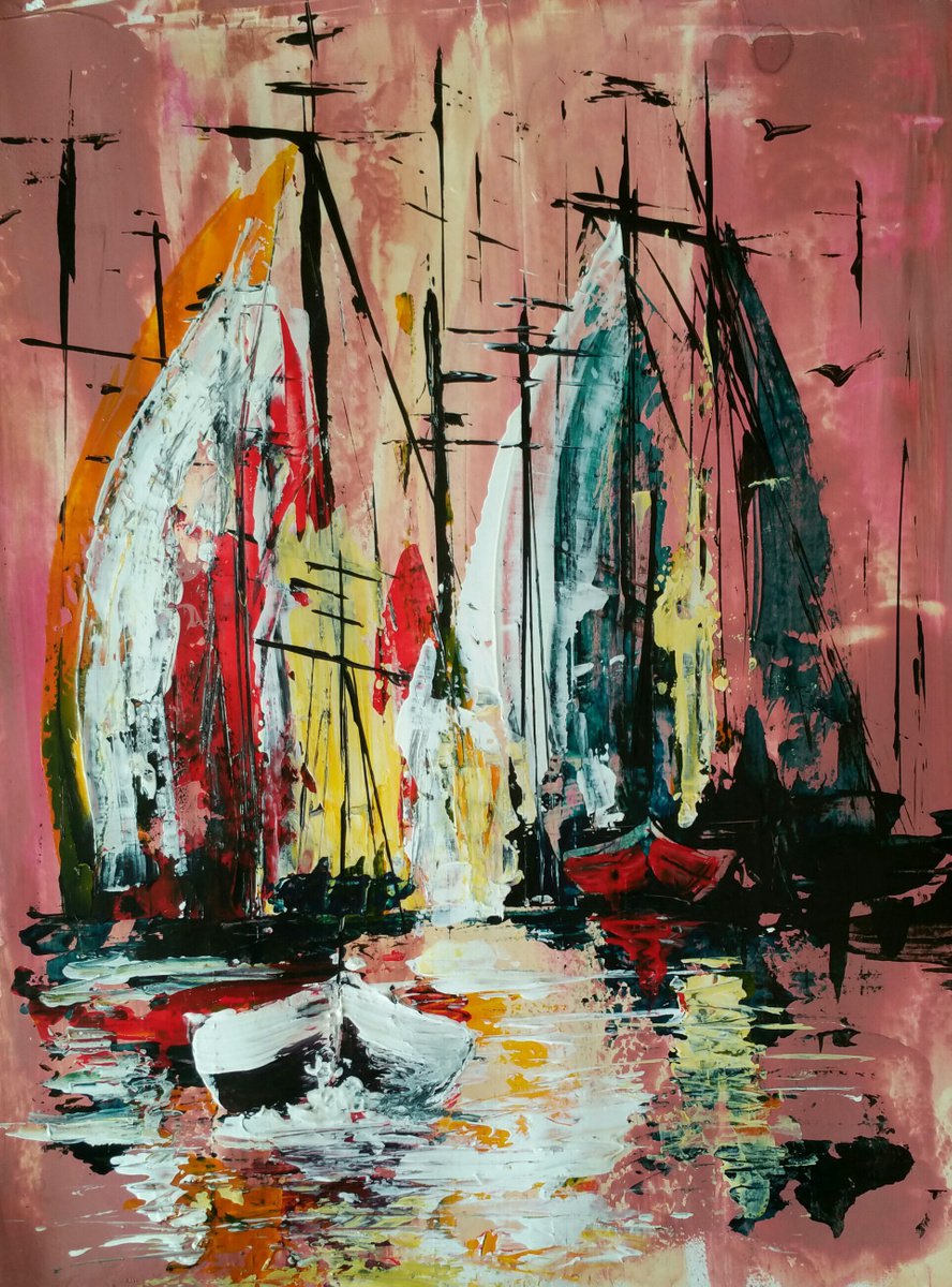 Expressive Landscape Painting By Elena Kraft, 11 X 14, Regatta, Original Artwork