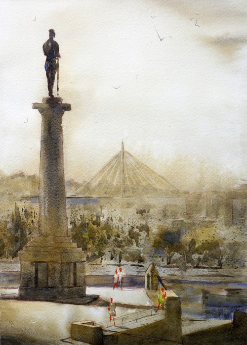 The winner statue and Ada bridge Belgrade 25x36 cm 2024 by Nenad Kojić watercolorist