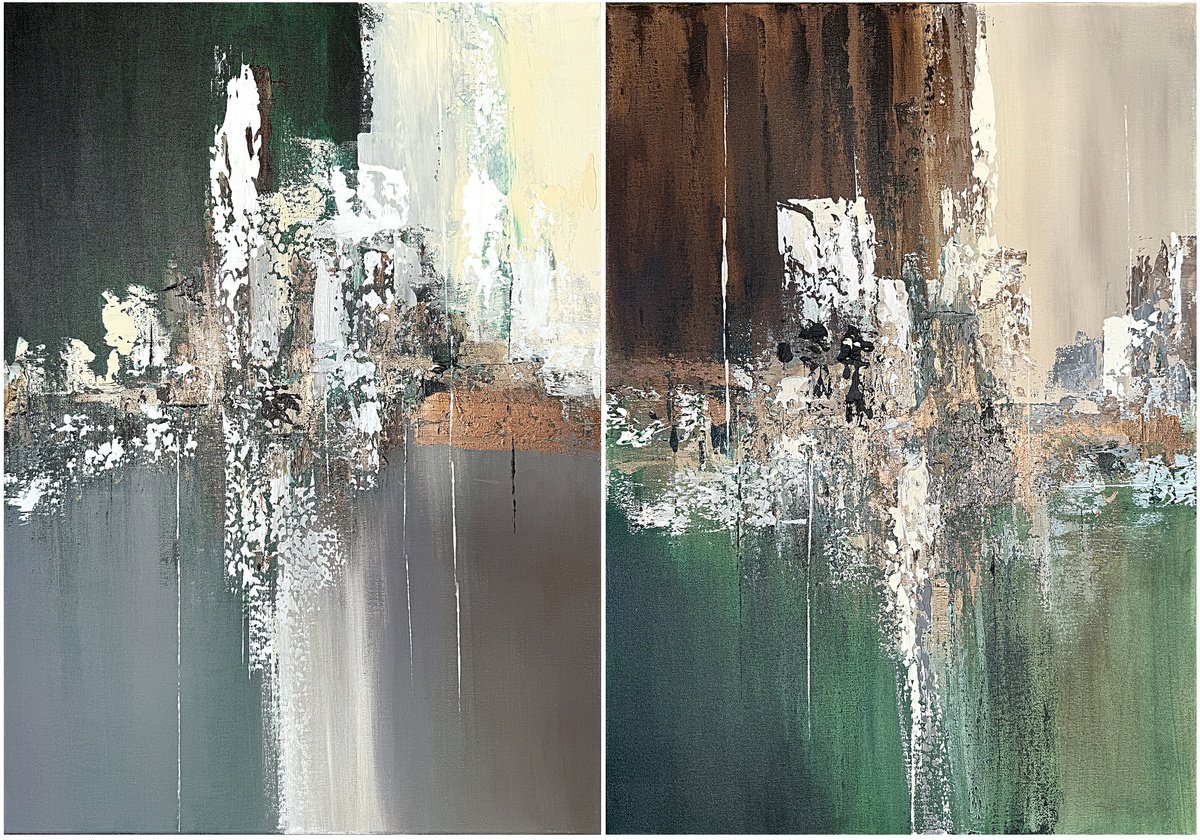 Geometric Abstract Acrylic Painting By Tatiana Malinovscaia, 39 X 28", Emerald Bronze Set, Original Artwork