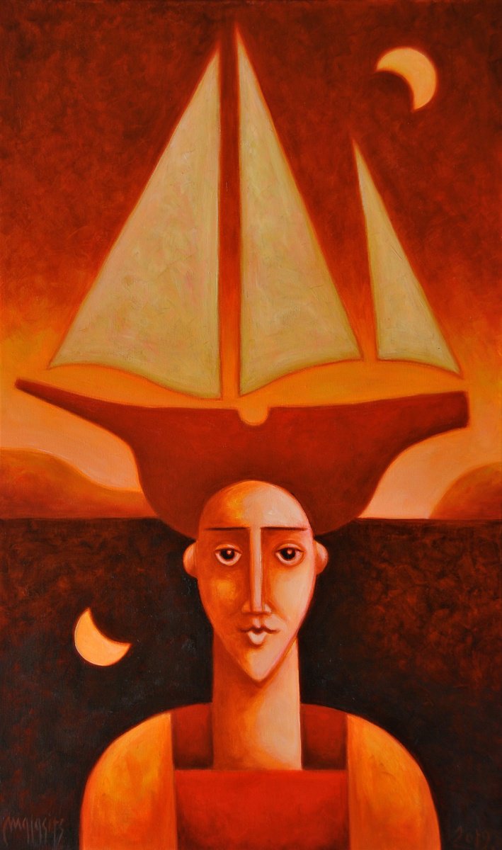 Surrealistic Transport Oil Painting By Malasits Zsolt, 24 X 39", Mystical Cruise 2., Original Artwork