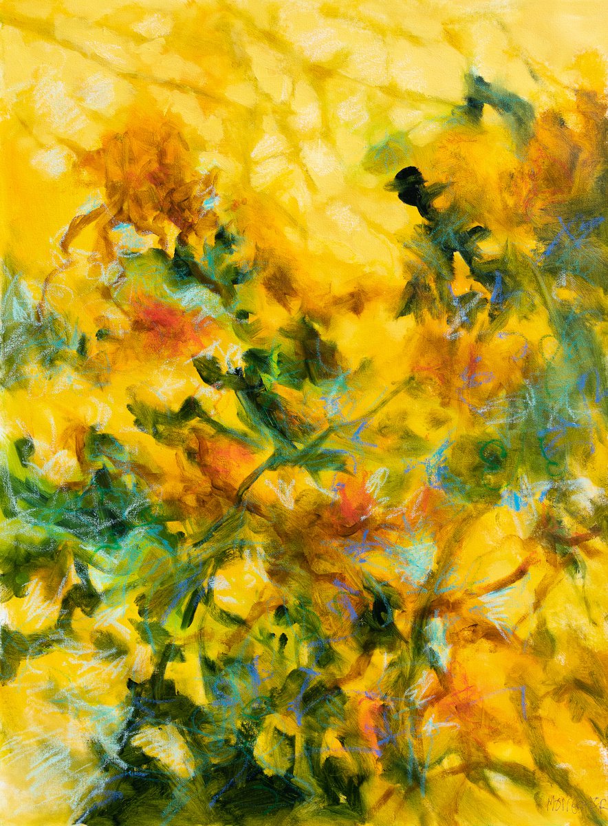 "Floral fantasy" - oil painting yellow - orange green turquoise blue - floral - flower - decorative original - home interior design