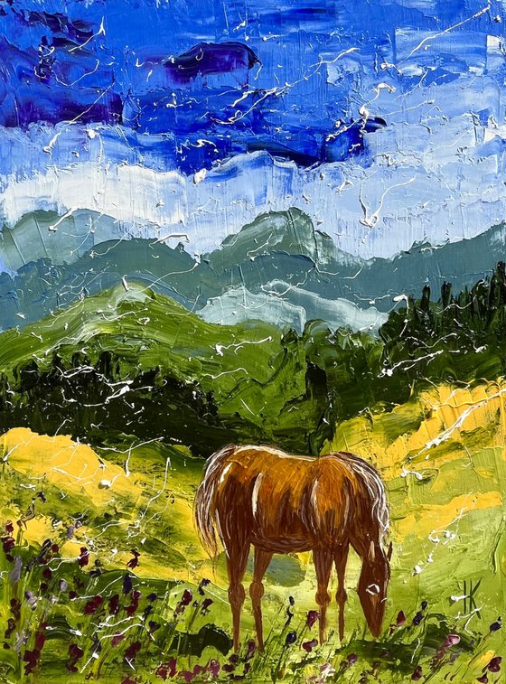 Alps Painting Mountains Original Art Swiss Alps Impasto Horse Oil Artwork Switzerland Home Wall Art 12 by 16 by Halyna Kirichenko