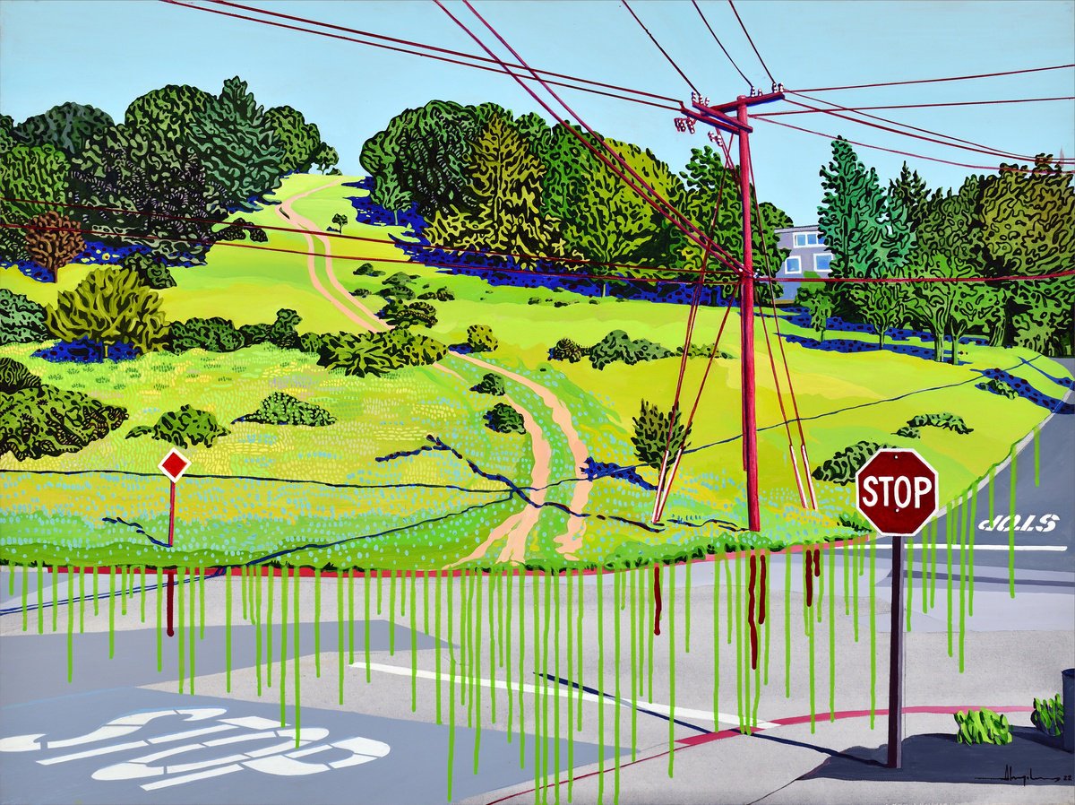 Urban And Pop Landscape Acrylic Painting By Alex Nizovsky, 40 X 30, Stop / Stop / Stop, Original Artwork