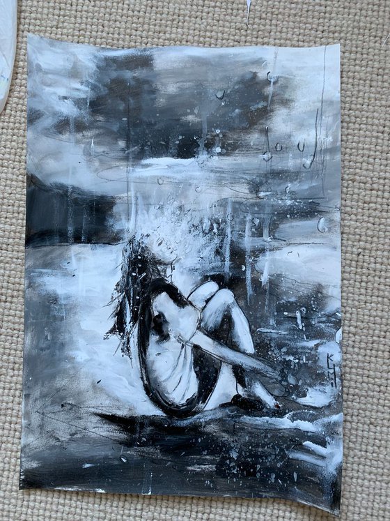 Black and White Art / Painting of Woman / Portrait / Original Artwork / Rain Painting / Gifts For Him / Home Decor Wall Art 11.7"x16.5"