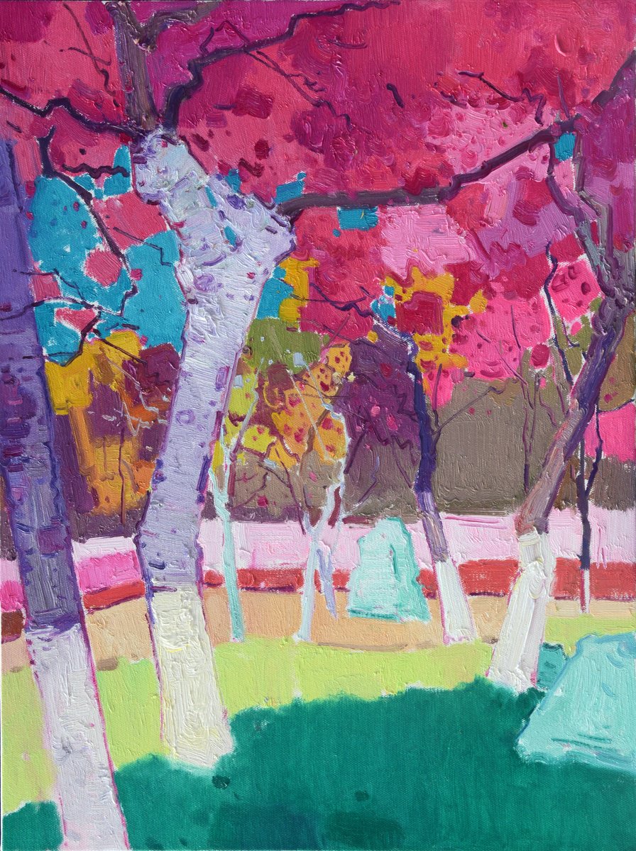 Impressionistic Landscape Oil Painting By Jianzhe Chon, 24 X 31, Big Tree 207, Original Artwork