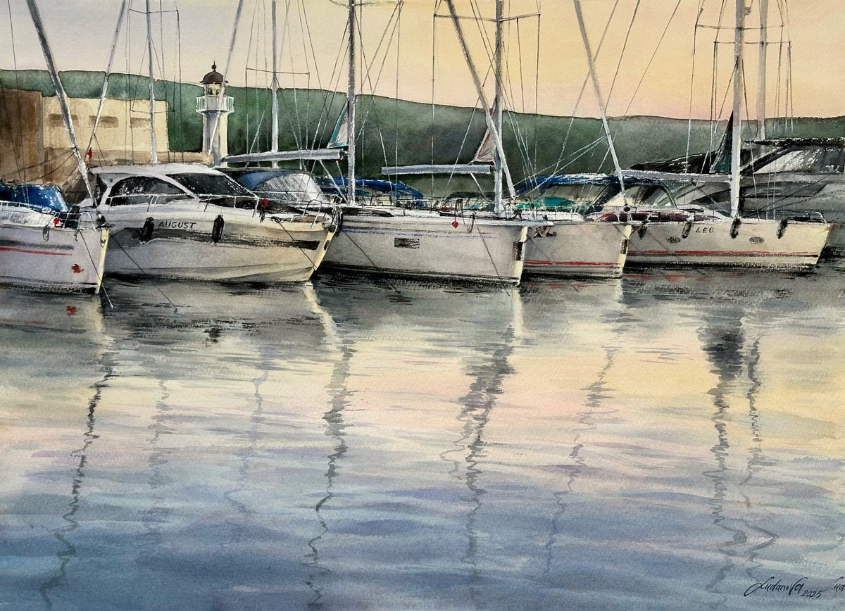 Impressionistic Landscape Watercolour By Yuliia Ludanova, 30 X 22", Yachts In Varna, Original Artwork