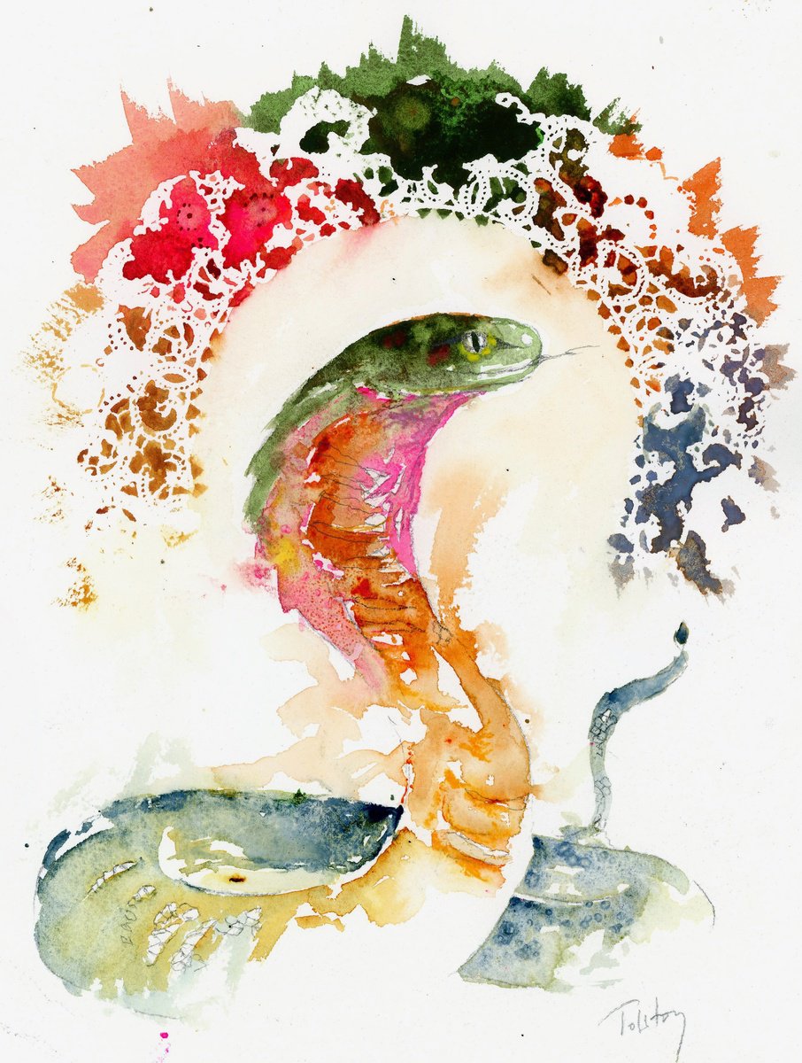 Impressionistic Animal Watercolour By Alex Tolstoy, 10 X 14, Colorful Cobra, Original Artwork