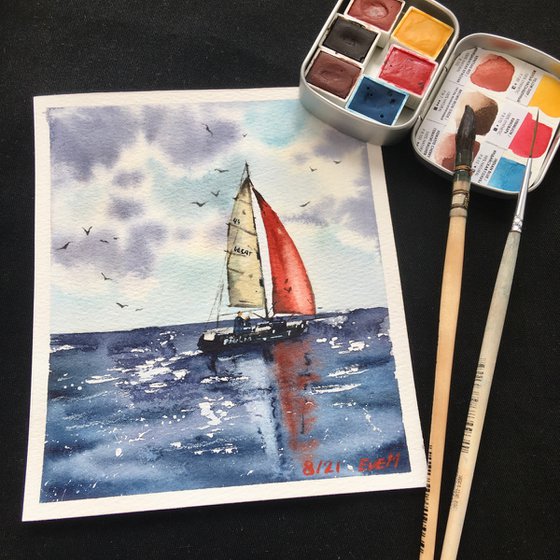 Red sail. Watercolor artwork.