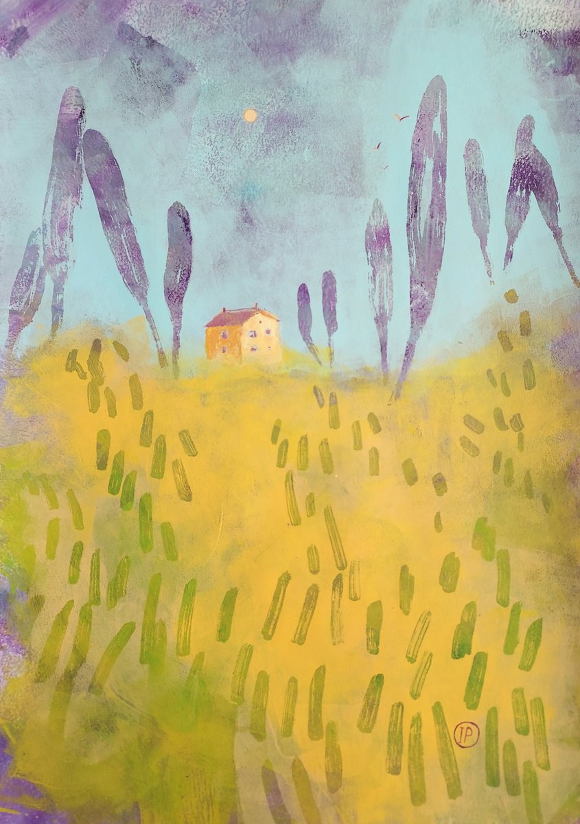 Impressionistic Landscape Acrylic Painting By Irina Plaksina, 12 X 17, Lilac Morning In Tuscany, Original Artwork