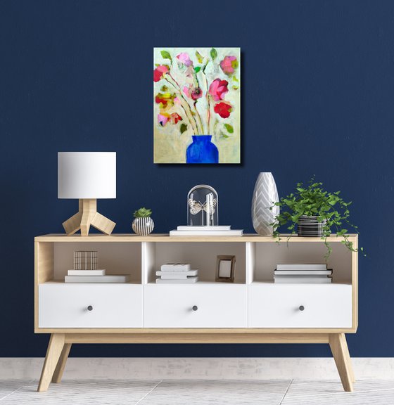 Garden Flowers in a Blue Vase