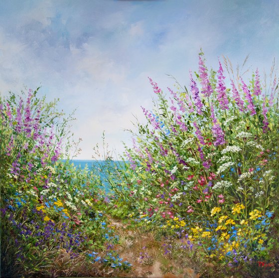 Flower Meadow. Oil Painting. Original. Canvas. 32 x 32