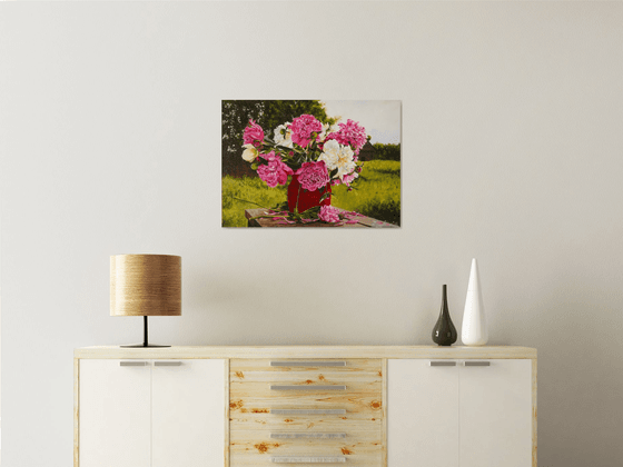 Peonies in red vase