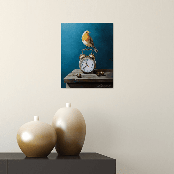 Still life with bird and Old watch-1(24x30cm, oil painting, ready to hang)
