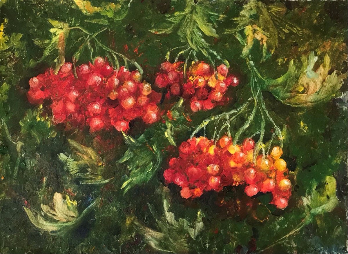 Impressionistic Botanical Oil Painting By Tetiana Pchelnykova, 16 X 12", Red Viburnum, Original Artwork
