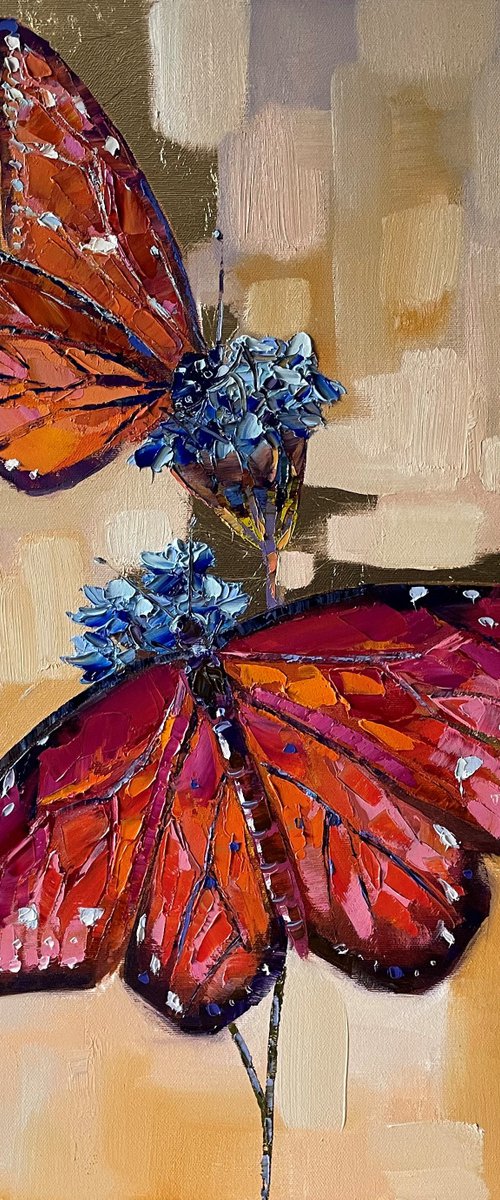 Couple of butterflies. Original oil painting. Flower by Mary Voloshyna